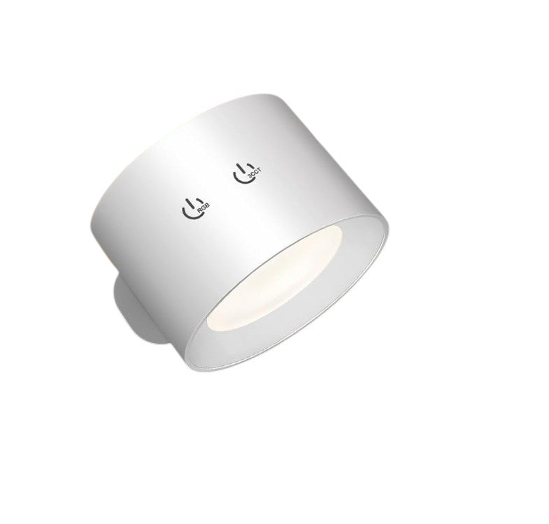 Rechargeable LED wall lamp in white, showing RGB and 3CCT touch control buttons and angled light opening