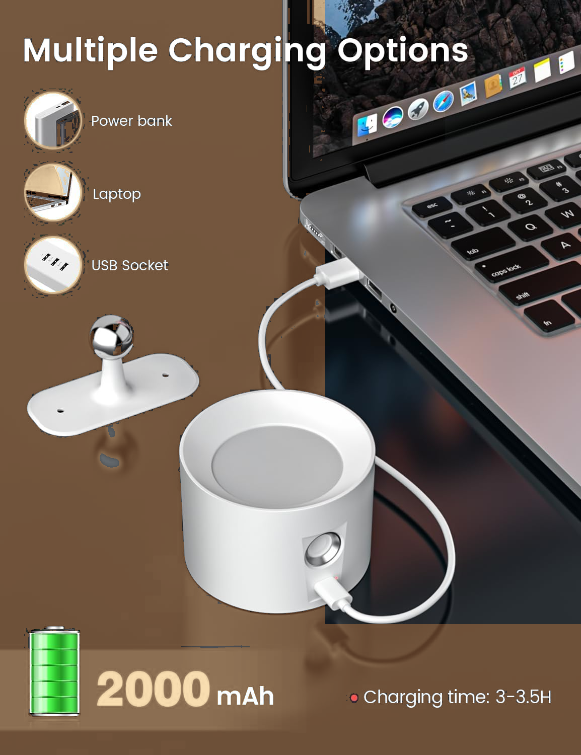 Diagram showing multiple charging options for the rechargeable LED wall lamp — power bank, laptop, or USB socket — with 2000mAh battery and 3 to 3.5 hour charging time